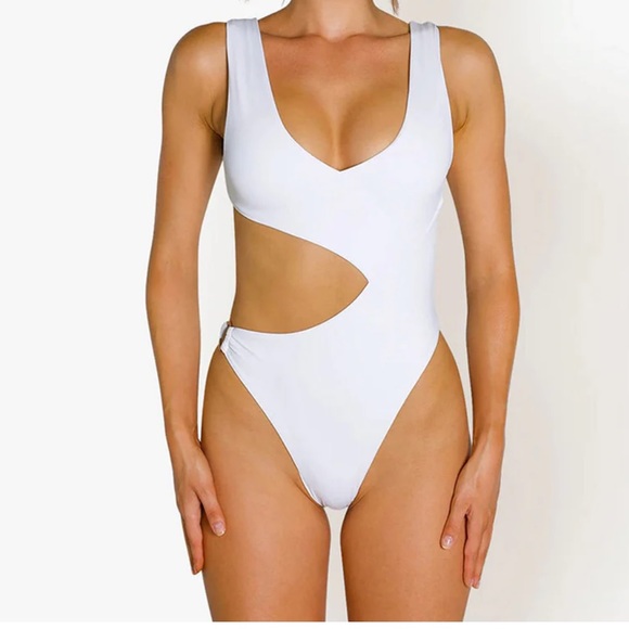 ASYMMETRIC CUTOUT HIGH LEG SUSPENDER STRAP V NECK ONE PIECE SWIMSUIT - - Picture 2 of 9